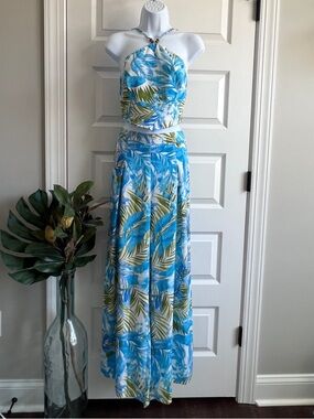 BLASHE Tropical Blue & Green Two-Piece Halter Crop Top + Palazzo Pant Set Small